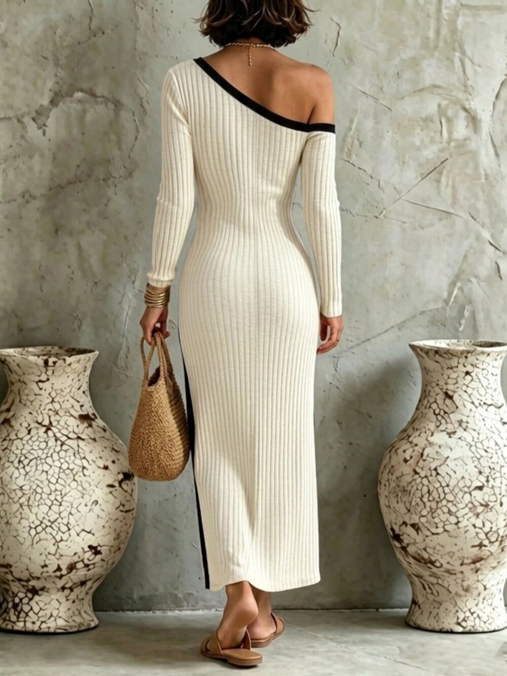 Apricot Elegant Women's Rib-Knit Asymmetric Side Slit Long Dress - Picture 2 of 3